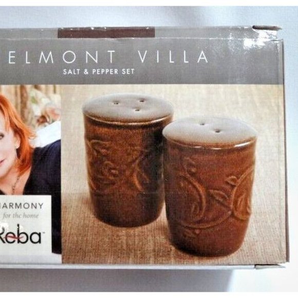 Reba Harmony Belmont Villa Salt Pepper Shakers Embossed Brown Scroll Gift NEW - Picture 3 of 5